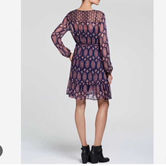 Ella Moss Silk Midi Dress XS Navy Pink Print Belted Ruffle Holiday Boho Chic - Picture 3 of 12